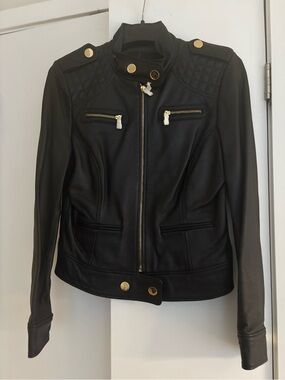 Moda International Black Leather Jacket with Gold Accents